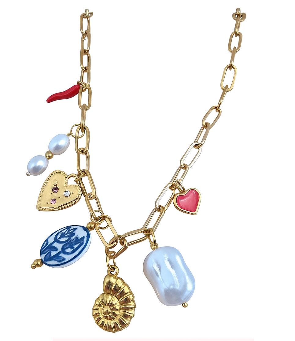 Gold Necklace with Charms and Baroque Pearls