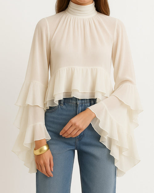 Ivory Chiffon Blouse with Ruffles and High Neck