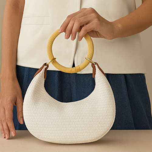 White Woven Hobo Bag with Circular Bamboo Handle