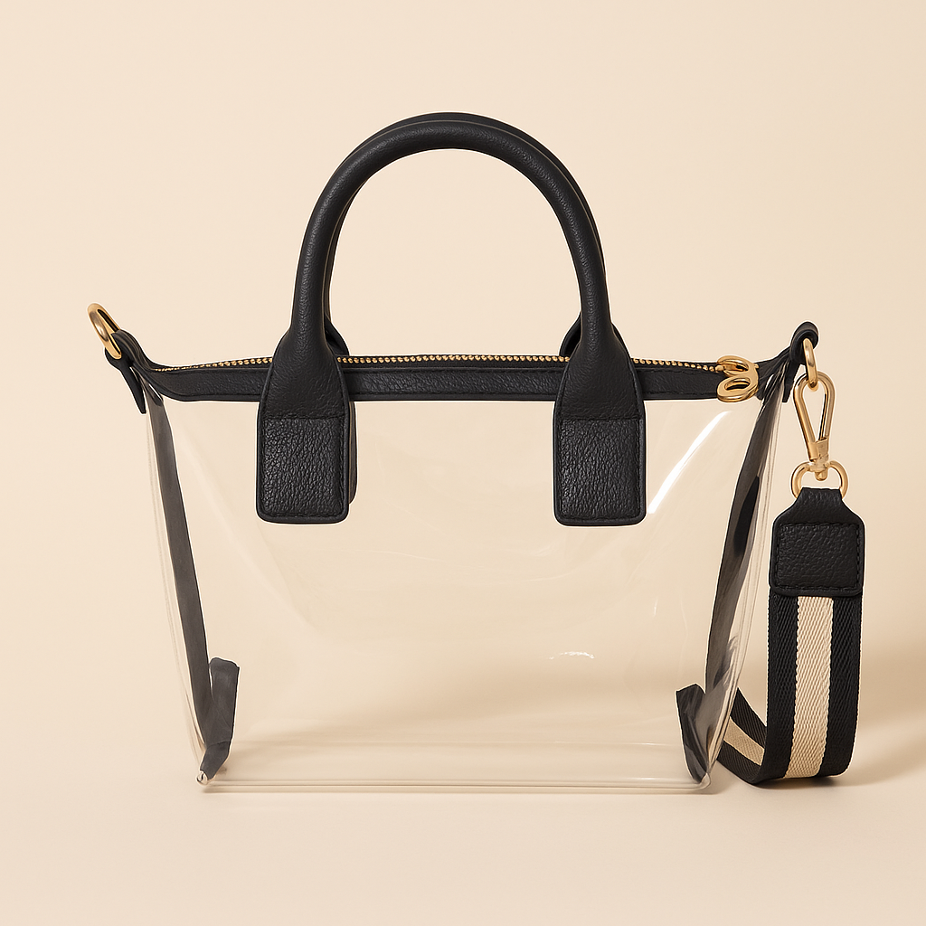 Clear Elegance Tote Bag with Black Leather Details