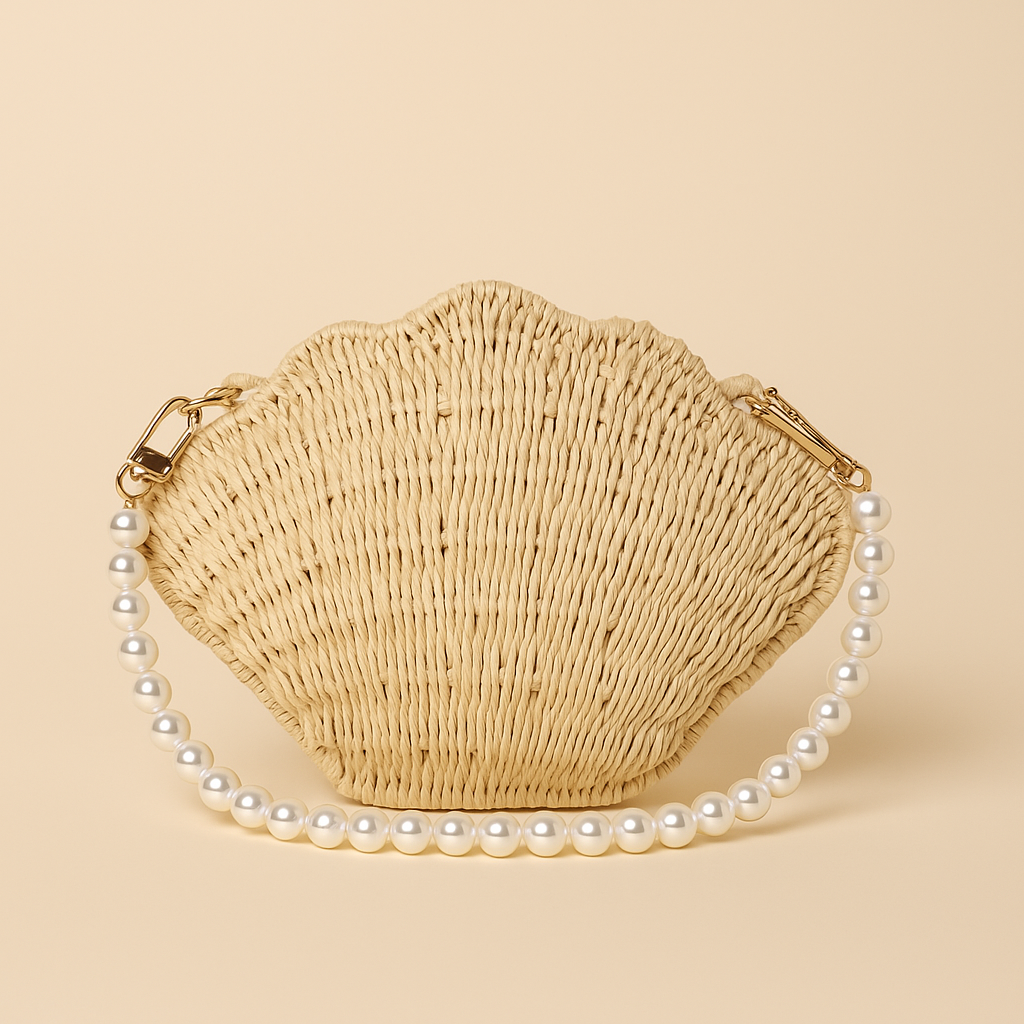 “Perla Marina” Shell-Shaped Raffia Clutch Bag with Pearl Handle