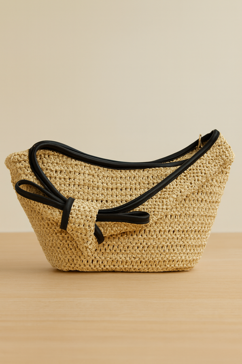 Woven Handbag with Bow Detail in Black Leather