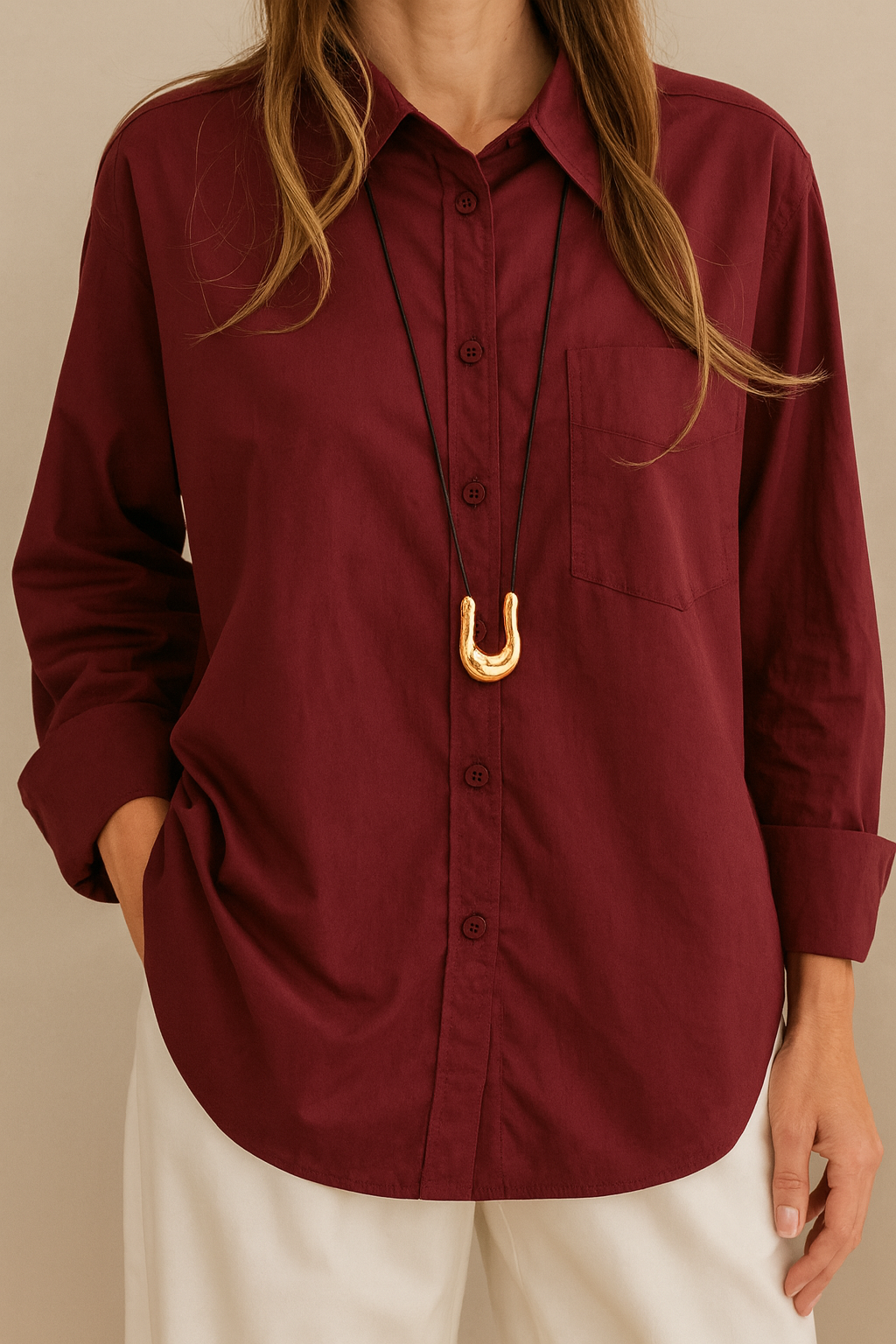 Classic Burgundy Oversize Shirt with Front Pocket