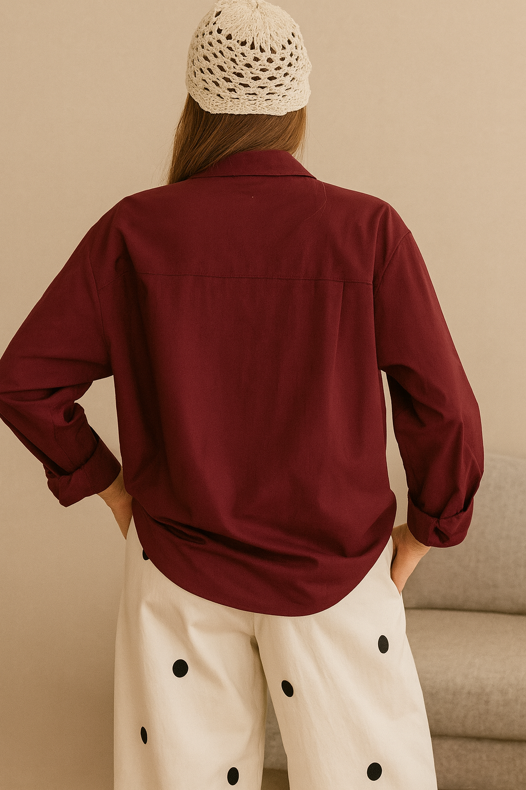 Classic Burgundy Oversize Shirt with Front Pocket