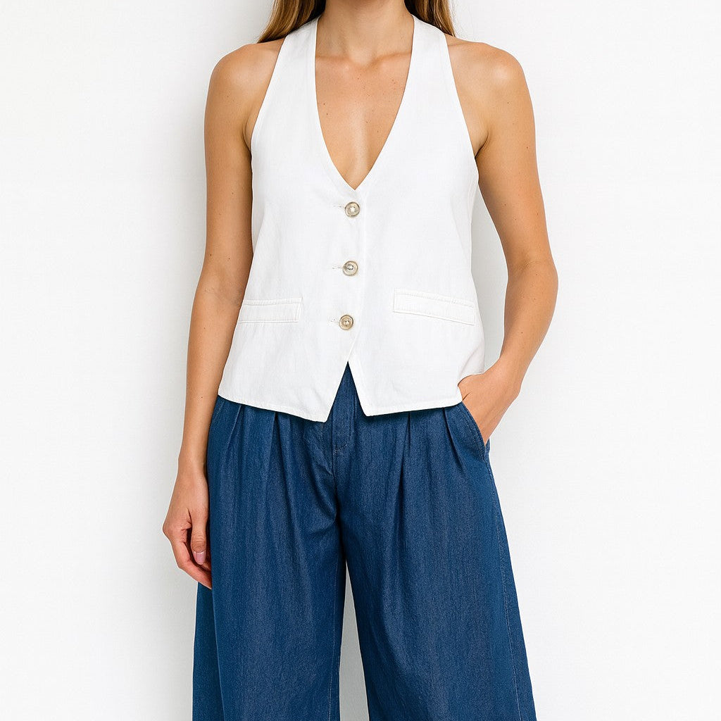 White Halter Vest with Open Back and Adjustable Bow