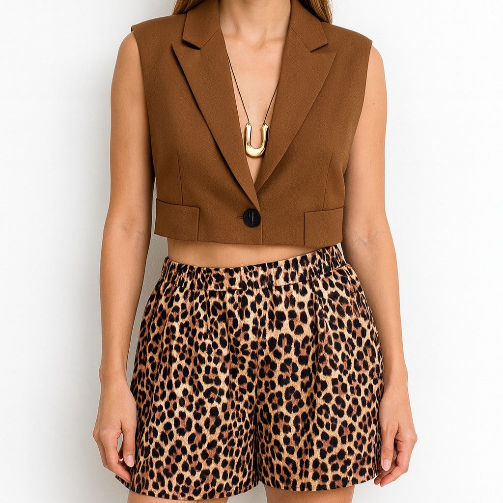 Brown Cropped Vest with Lapel and Single Button