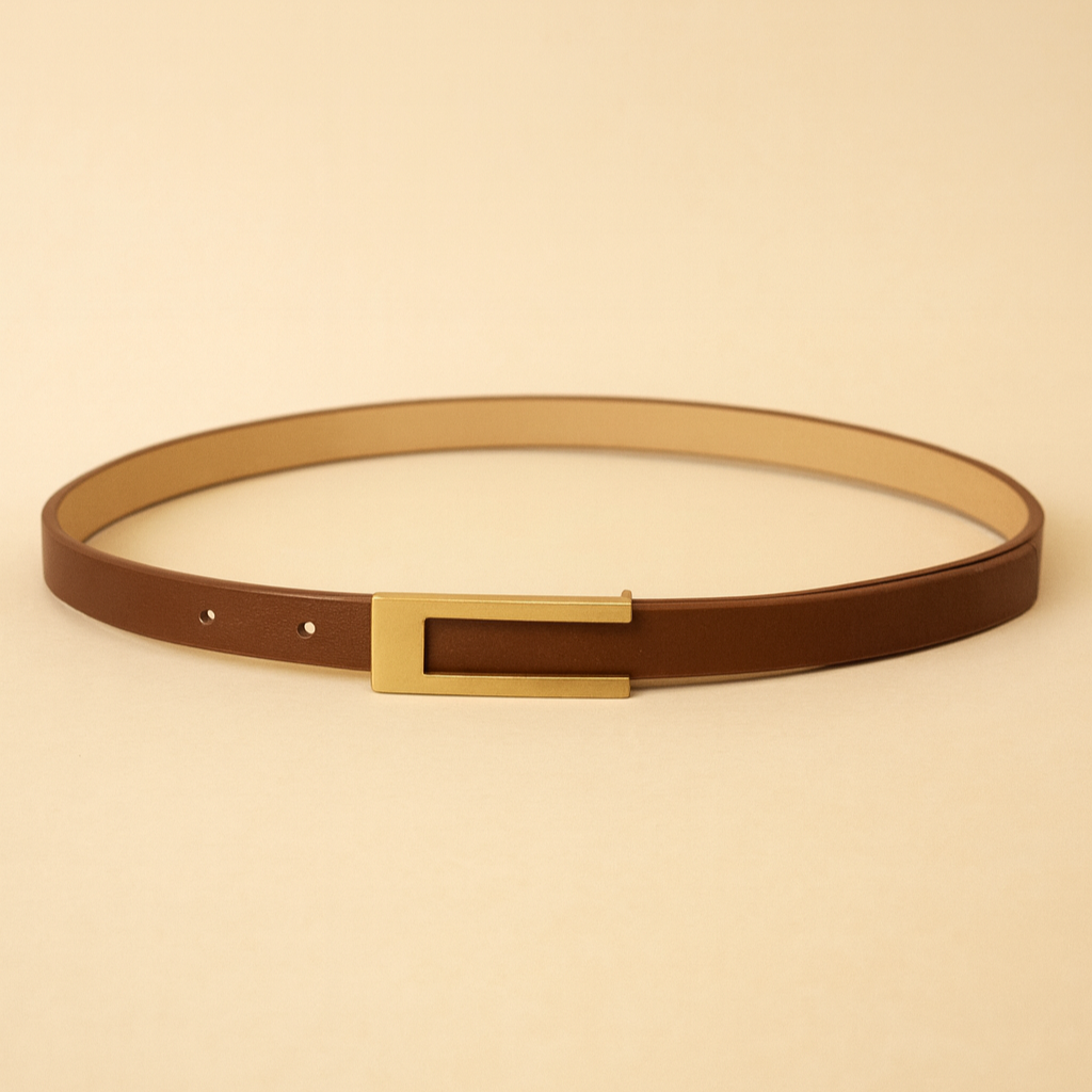 Camel-colored belt with gold buckle