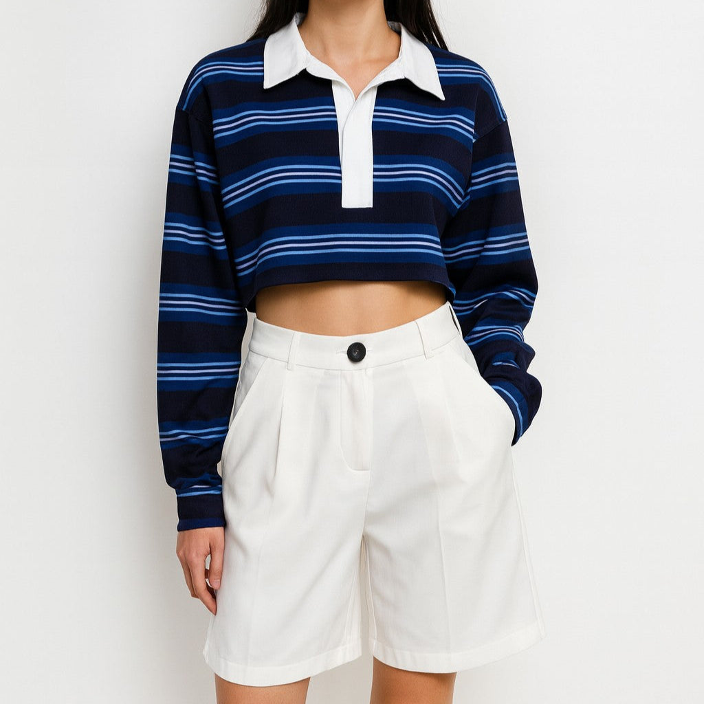 Blue Striped Polo Crop Top with White Collar