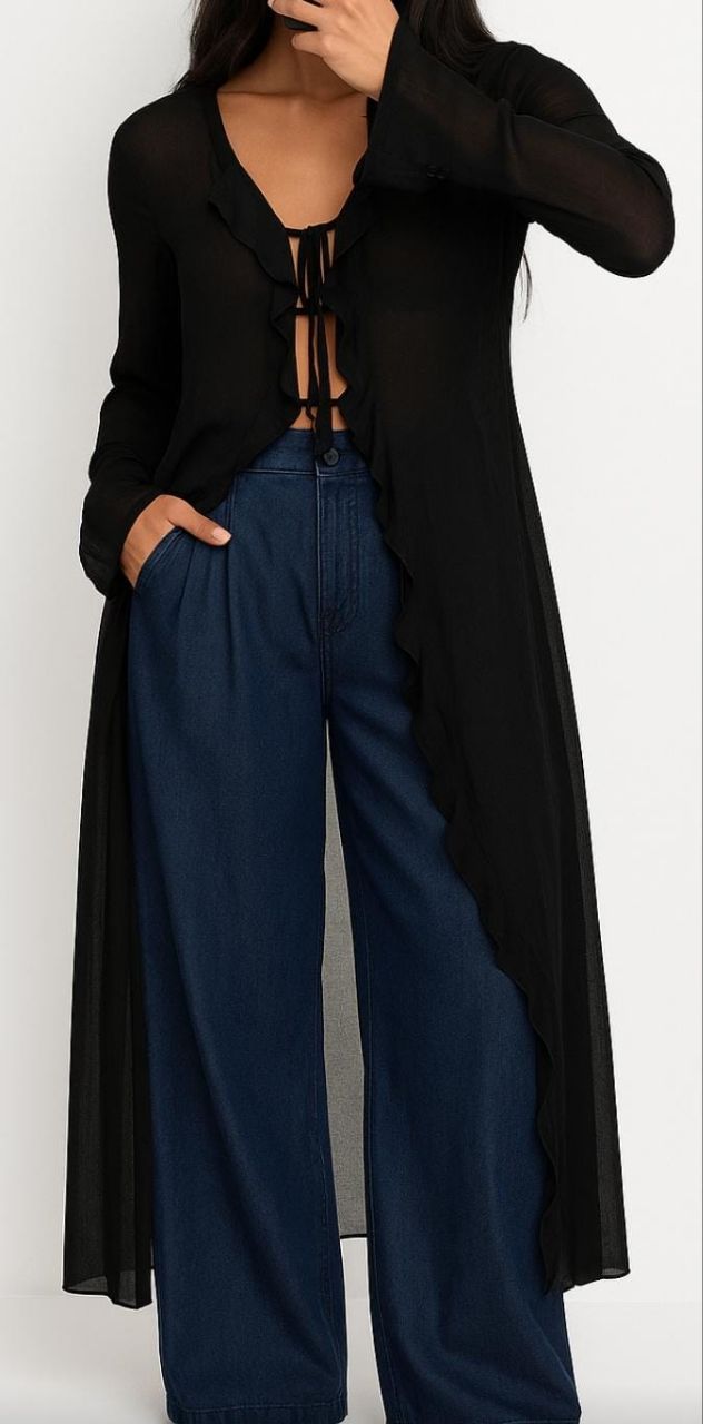 Long Black Chiffon Kimono with Front Tie