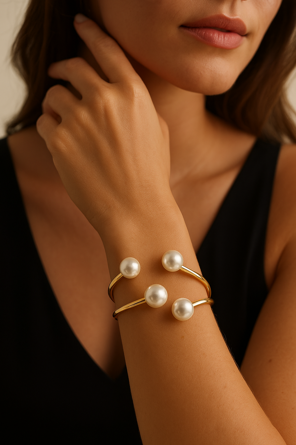 Open Gold Bracelet with Elegant Pearls