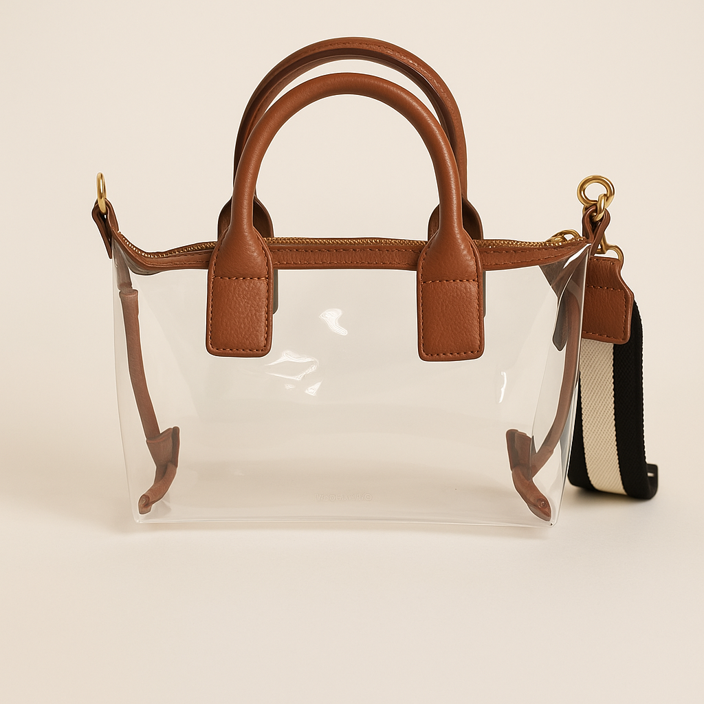 Transparent Tote Bag with Brown Leather Details
