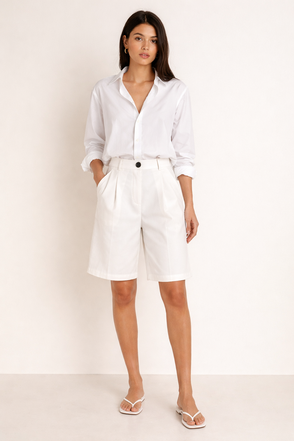 Elegant White Shorts with Pleats and Front Button
