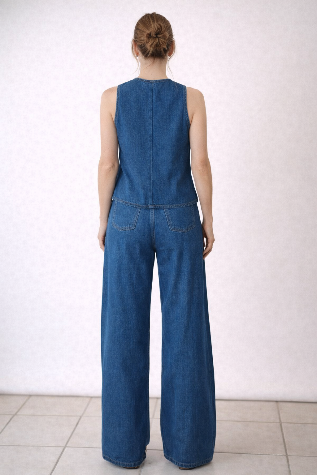 Sleeveless Denim Vest and Wide Leg Jeans