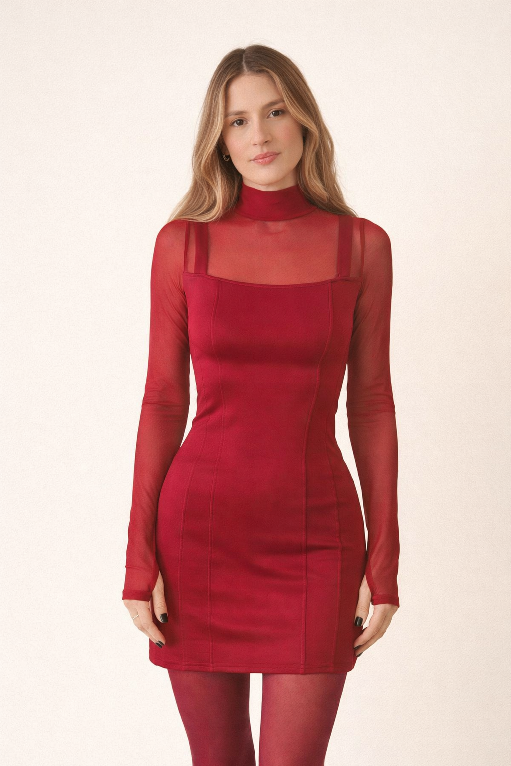 Sheer Mock Neck Mini Dress