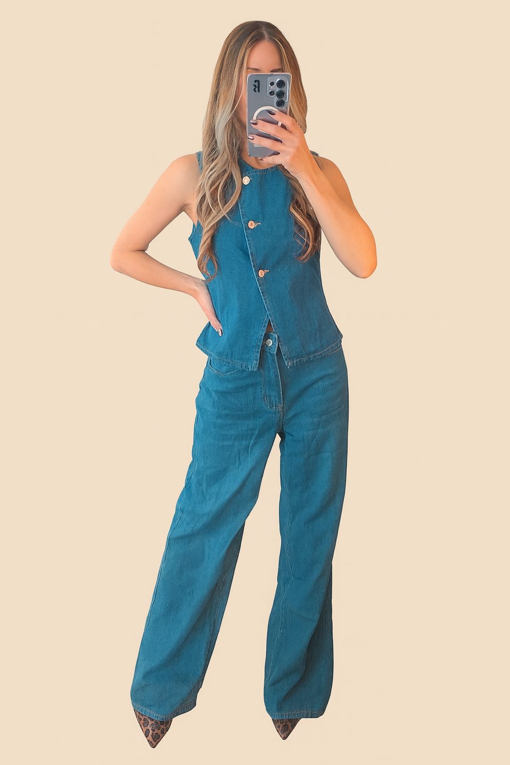 Sleeveless Denim Vest and Wide Leg Jeans
