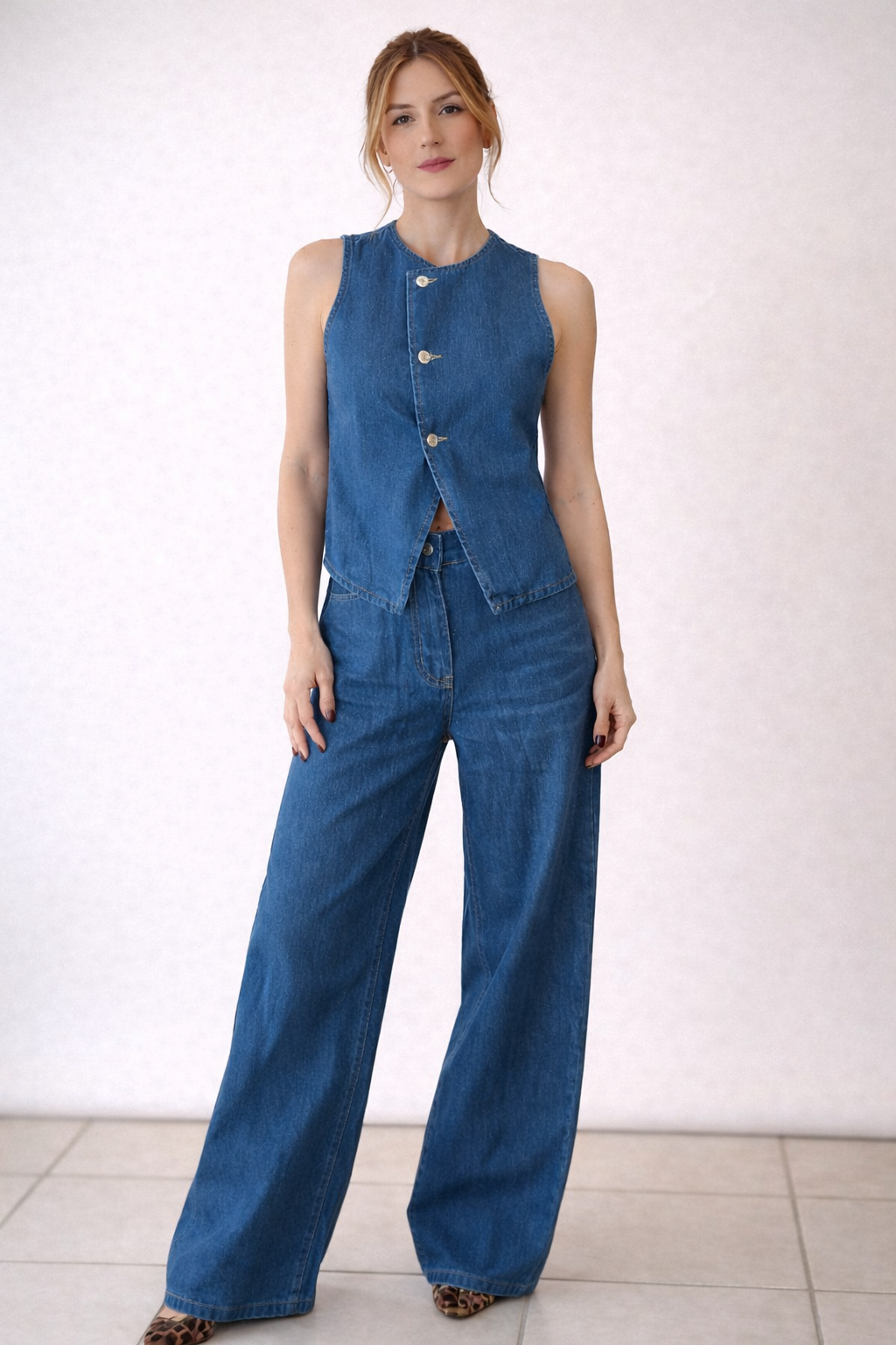 Sleeveless Denim Vest and Wide Leg Jeans